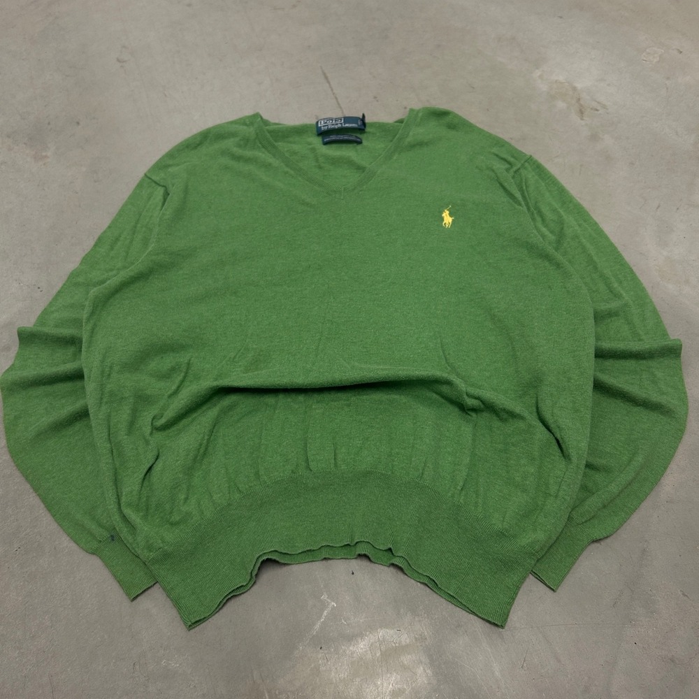 Polo Ralph Lauren Mens XL Pima Cotton V-Neck Sweater Green Yellow Pony Logo